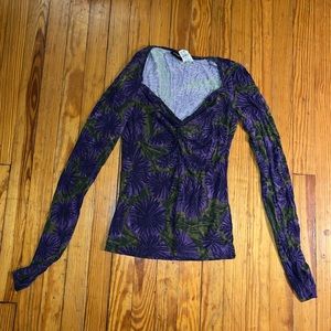 Miss sixty long sleeve stretch top plunge twist neckline purple green flowers L